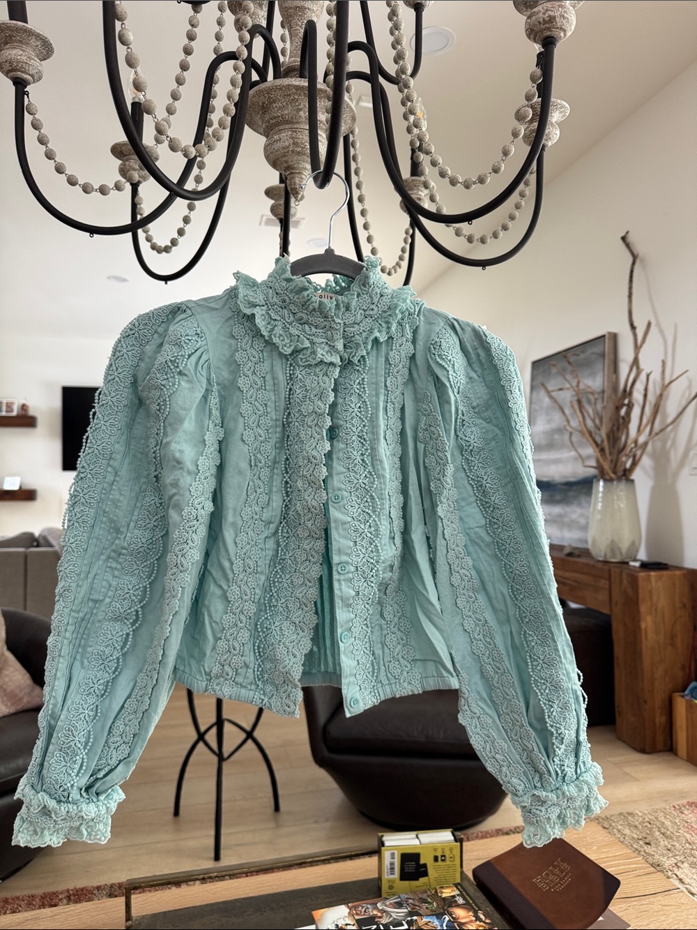 Alice + Olivia Mint Green Lace-Trimmed Victorian Blouse